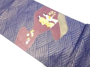 引箔　霞取りに時代人物模様　刺繍　名古屋帯